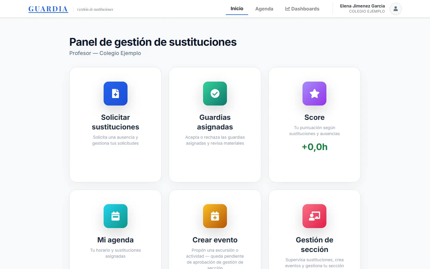 Panel de Guardia: solicitar sustituciones, guardias asignadas, puntuación, agenda, crear evento y gestión de sección