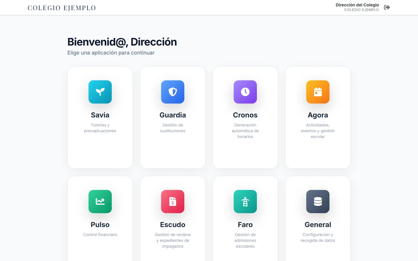 Portal con acceso único a las aplicaciones del colegio: Savia, Guardia, Cronos, Agora, Pulso, Escudo y Faro